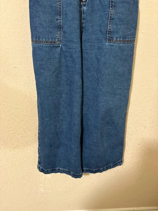 Lucy & Yak Ragan Blue Cotton Denim Short-Sleeve Wide-Leg Zip Up Jumpsuit Side 4 - Picture 7 of 16